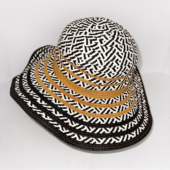 Steve Madden Sun Floppy Hat White Black Paper Straw Khaki One Size Wide brim - Picture 2 of 8